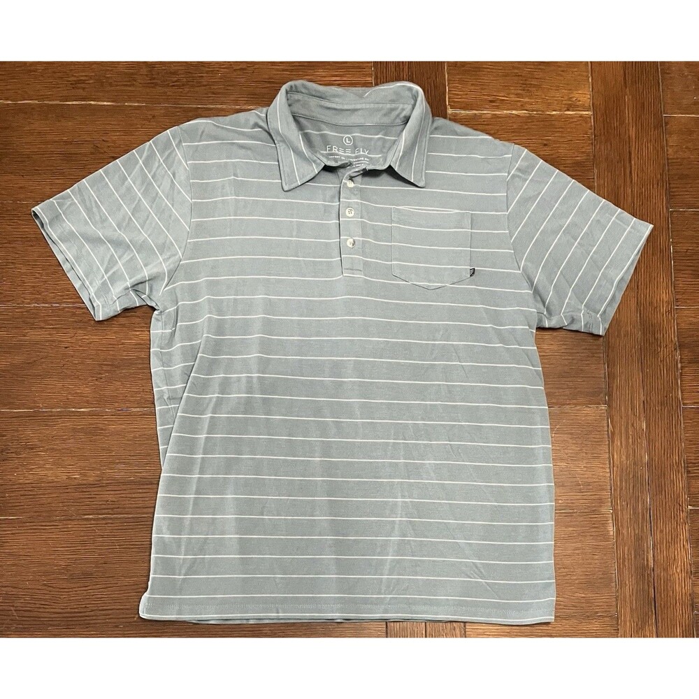 FREE FLY Green Striped Short Sleeve Bamboo Blend Polo Shirt Men’s Size L